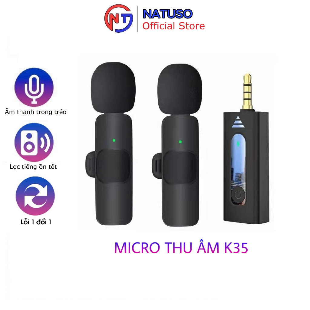 Bộ 2 micro thu âm không dây Natuso K35 khử tiếng ồn để livestream ...