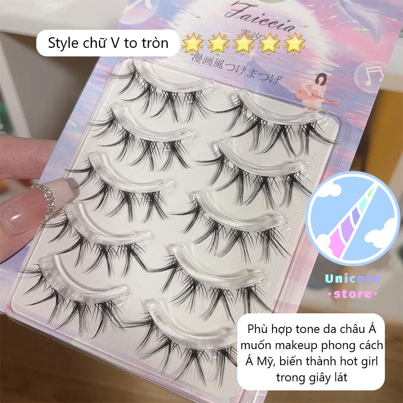 Bộ 5 Cặp Lông Mi Giả Cong Dày Trong Suốt Tự Nhiên Phong Cách Âu Á Faiccia