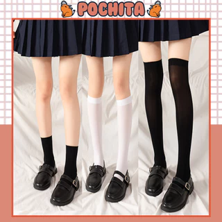 Tất Bắp Chân Trơn Đen Trắng, Vớ Lolita Cosplay Học Sinh Nhật Bản Nhiều Độ Dài, Tất Ống Dài Qua Đầu Gối Dành Cho Nữ