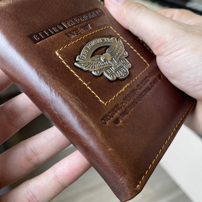Bóp Ví Nam, Ví Da Bò Thật, Thương Hiệu CEFIRO, Logo Đại Bàng, Form Đứng, Màu Nâu