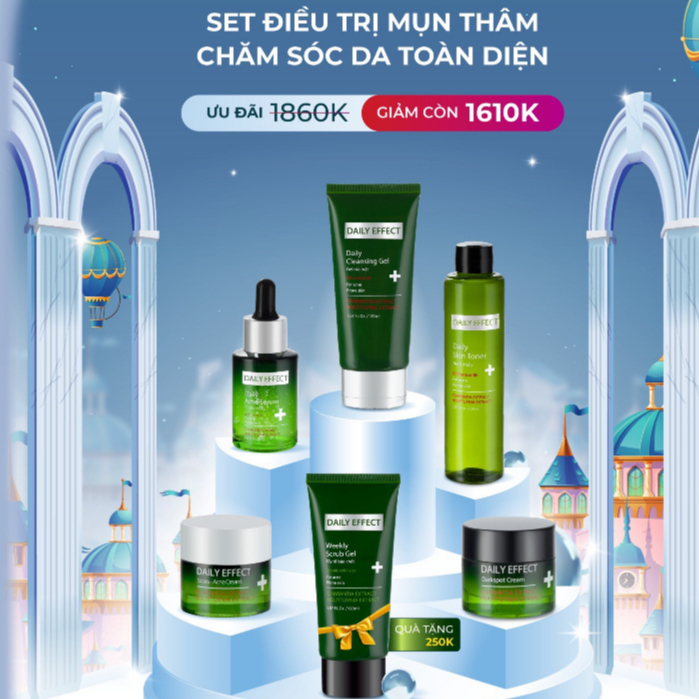 (Đã bán 0) Combo Set 6 sản phẩm DAILY EFFECT Kem Chấm Mụn Gel Tẩy Tế Bào Chết Sữa Rửa Mặt Nước Hoa Hồng Serum Dưỡng