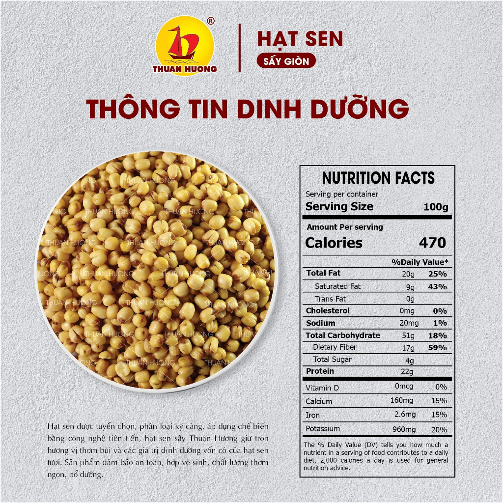 Hạt sen sấy giòn Thuận Hương 200g - Hạt sen khô ăn vặt - Hạt sen tươi sấy giòn - Hàng chuẩn Xuất Khẩu
