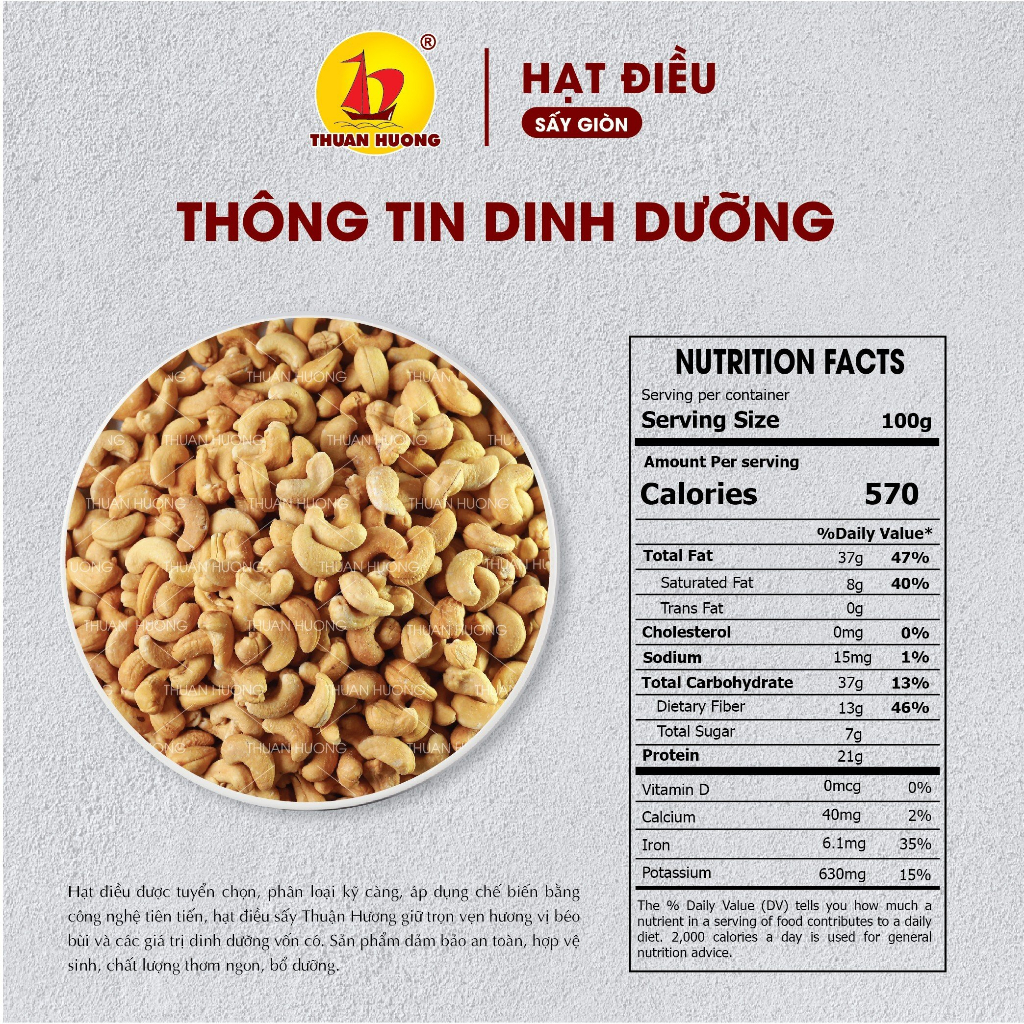 Hạt điều sấy nguyên vị Thuận Hương 250g - Hạt điều sấy, Ăn vặt chuẩn Hàng Xuất Khẩu