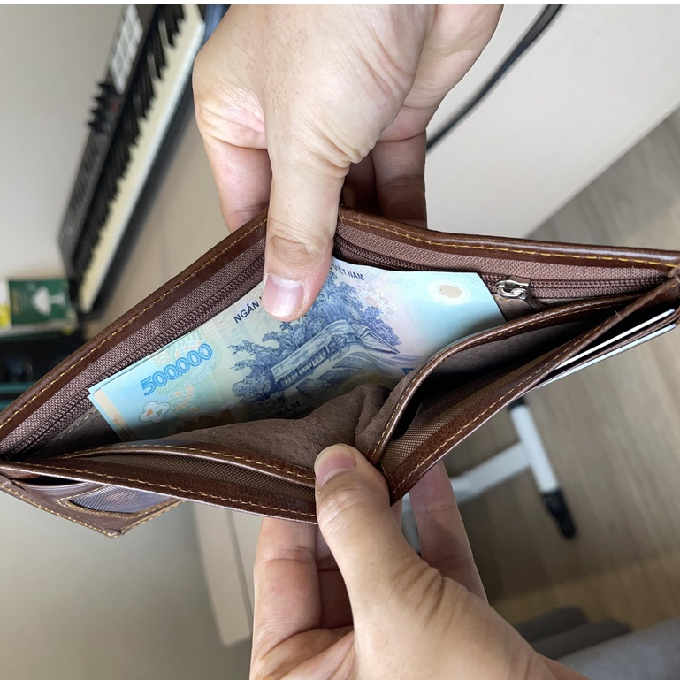 Bóp Ví Nam, Ví Da Bò Thật, Thương Hiệu CEFIRO, Logo Rồng, Form Ngang, Màu Nâu