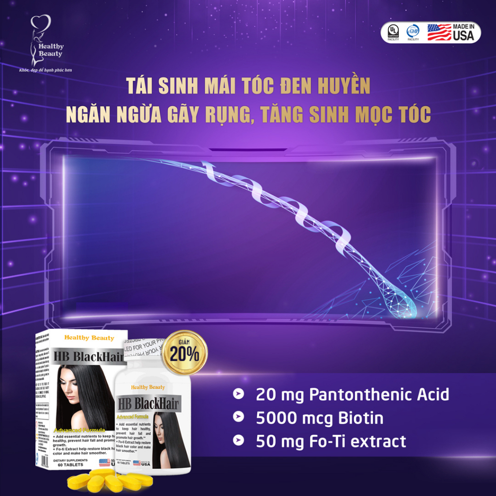 Ảnh Viên Uống Giảm Gãy Rụng và Đen Tóc HB Black Hair Healthy Beauty 3