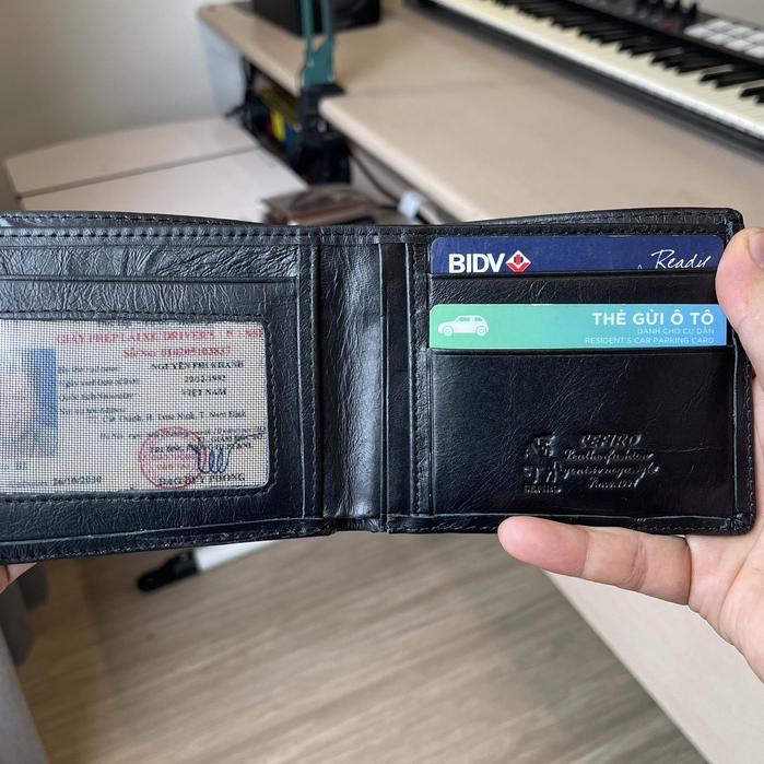 Bóp Ví Nam, Ví Da Bò Thật, Thương Hiệu CEFIRO, Logo Rồng, Form Ngang, Màu Đen