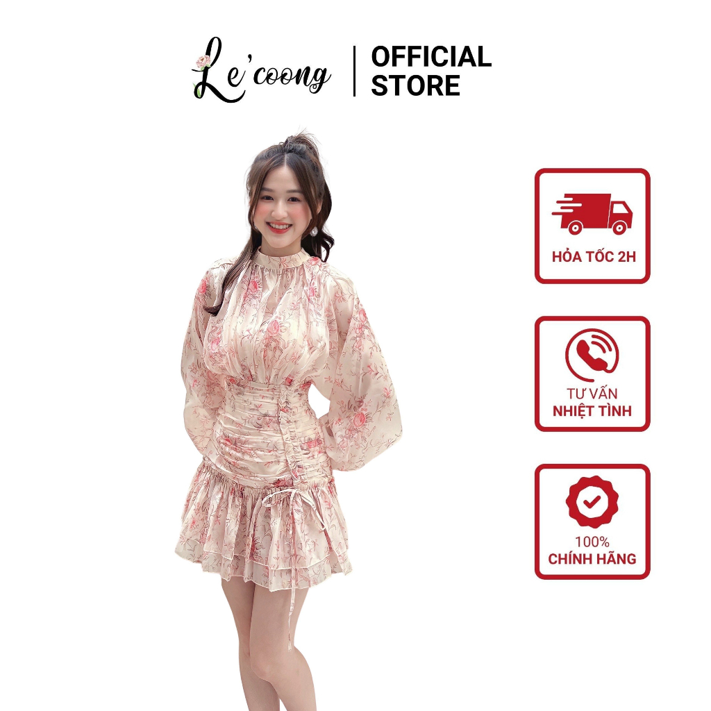 Đầm Dự Tiệc Nhún Eo LECOONG V342 Váy Đẹp Chất Tơ Hàn Hoa Nhí Hồng Pastel Tiểu Thư