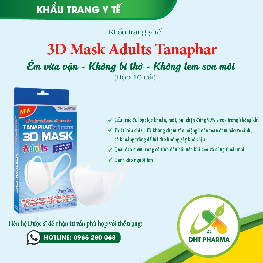 Khẩu trang y tế 3D Mask Tanaphar dành cho người lớn (Hộp 10 chiếc