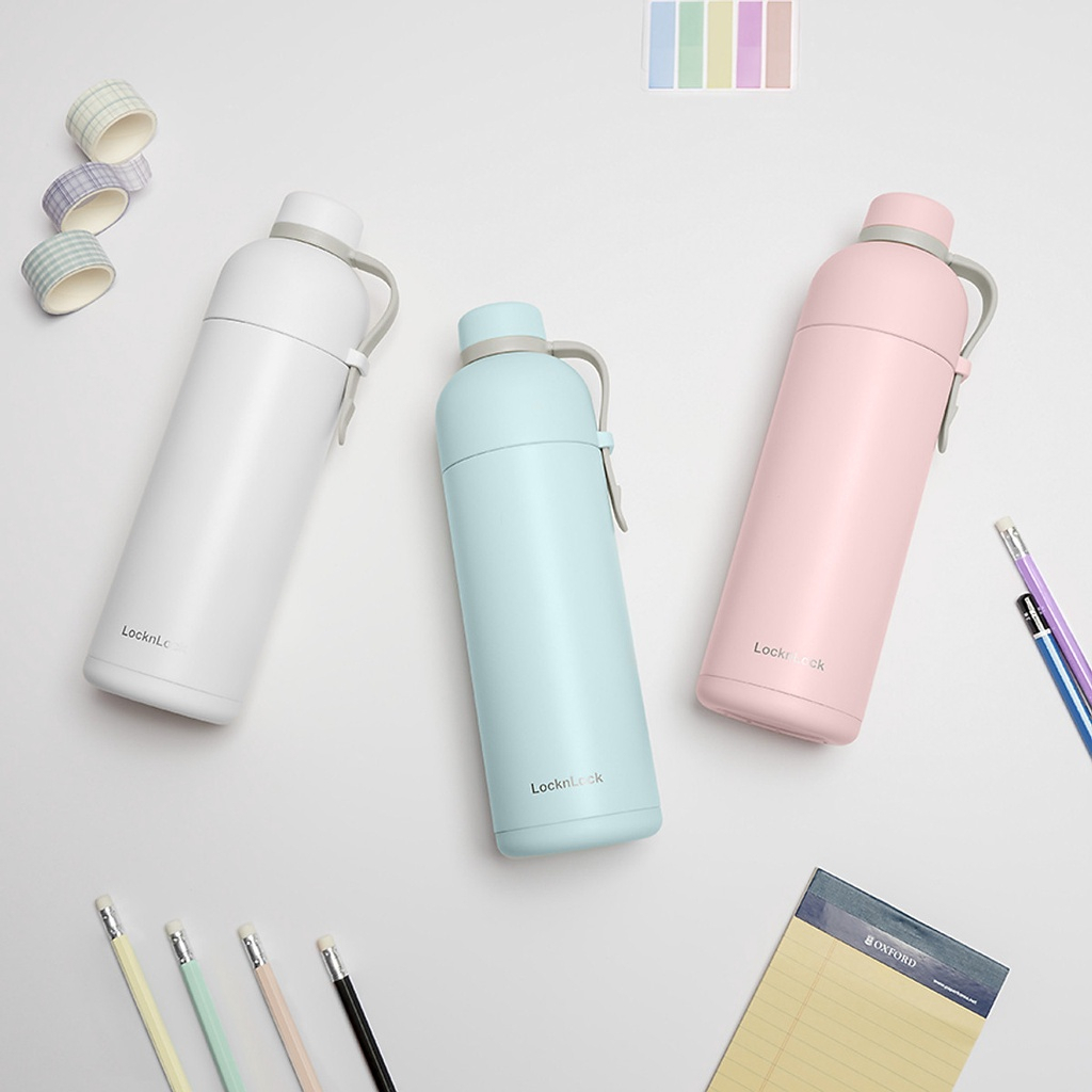 Bình giữ nhiệt LocknLock Belt Bottle LHC4267 490ml Màu Hồng có quai xách, thép không rỉ 304 - K-MALL