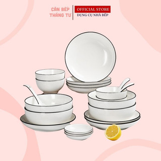 Bộ bát đĩa sứ trắng hiện đại tối giản chén muỗng cao cấp dày dặn CBG05