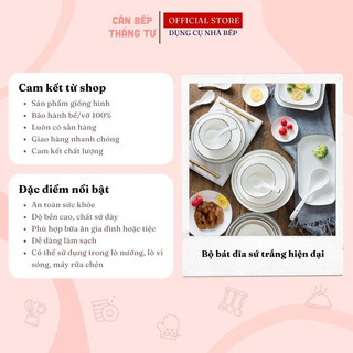 Bộ bát đĩa sứ trắng hiện đại tối giản chén muỗng cao cấp dày dặn CBG05