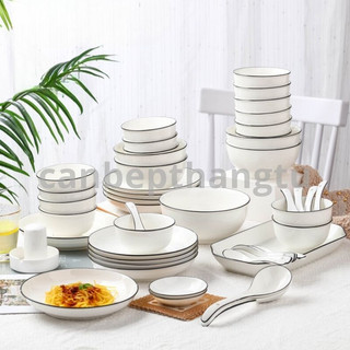 Bộ bát đĩa sứ trắng hiện đại tối giản chén muỗng cao cấp dày dặn CBG05