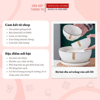 Bộ bát đĩa sứ trắng vân nổi 3D hiện đại tinh tế chén muỗng cứng cáp CBG06
