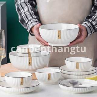Bộ bát đĩa sứ trắng vân nổi 3D hiện đại tinh tế chén muỗng cứng cáp CBG06