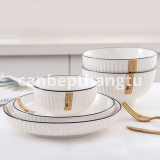 Bộ bát đĩa sứ trắng vân nổi 3D hiện đại tinh tế chén muỗng cứng cáp CBG06