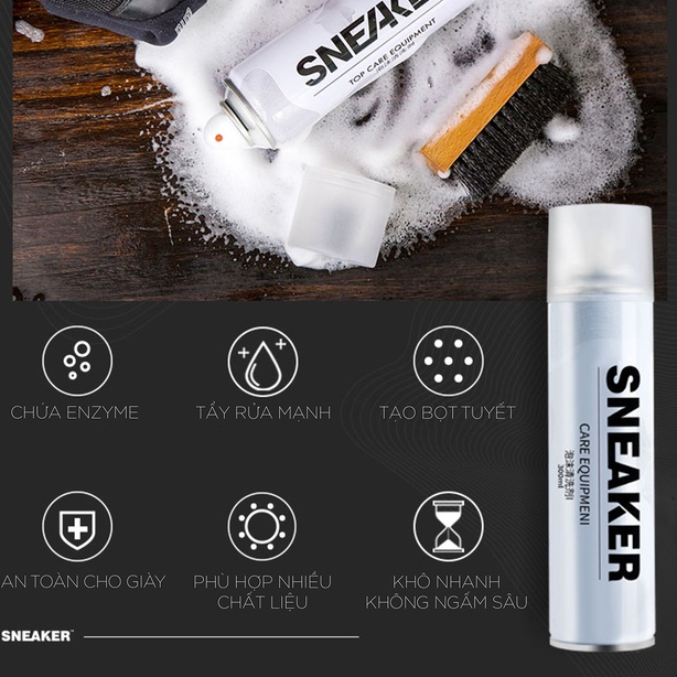 Bộ phụ kiện chăm sóc giầy dép Shoes 2h Sneaker 3 món gồm bình sịt, bàn chải đánh và 1 gói 32 khăn.