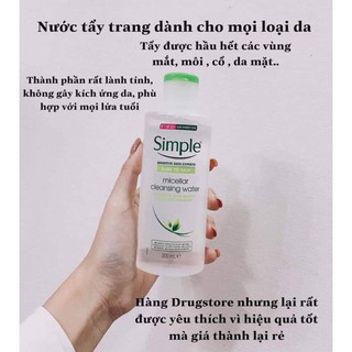 Nước tẩy trang Simple Micellar làm sạch da, không chứa cồn, không gây khô rát 200ml