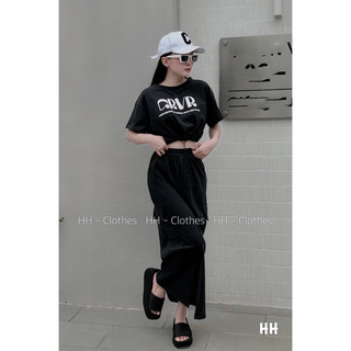 Set Bộ Đồ Nữ Áo Lửng Rút Gấu Mix Chân Váy Dáng Dài Xẻ Gấu Freesize
