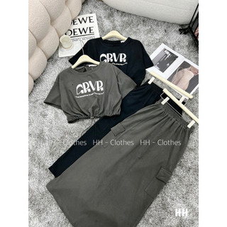 Set Bộ Đồ Nữ Áo Lửng Rút Gấu Mix Chân Váy Dáng Dài Xẻ Gấu Freesize