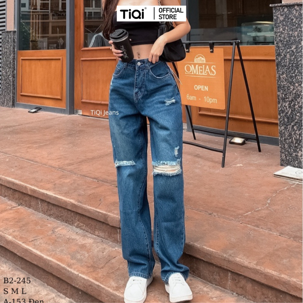 Quần Jean Ống Rộng Suông Nữ Rách Gối Tiqi Jeans B2-245