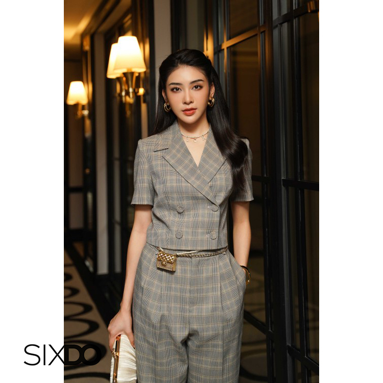 Áo vest nữ dáng lửng 4 cúc thời trang SIXDO Yellow Check Cropped Woven Vest