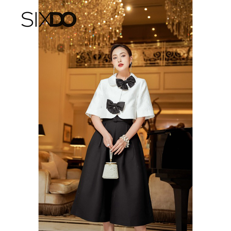 Áo gấm trắng dáng lửng phối nơ đen thời trang SIXDO White Long Sleeves Brocade Vest