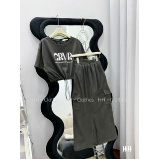 Set Bộ Đồ Nữ Áo Lửng Rút Gấu Mix Chân Váy Dáng Dài Xẻ Gấu Freesize