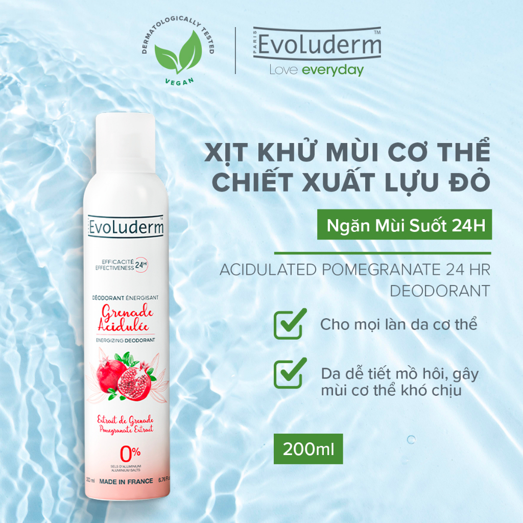 [HSD 8.2026] Xịt khử mùi toàn thân Evoluderm chiết xuất Lựu đỏ ngăn khuẩn gây mùi suốt 24h - 200ml (15256)
