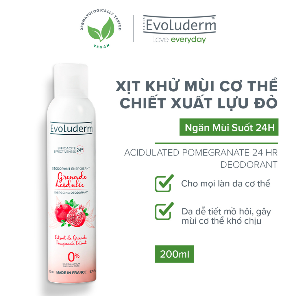 [HSD 8.2026] Xịt khử mùi toàn thân Evoluderm chiết xuất Lựu đỏ ngăn khuẩn gây mùi suốt 24h - 200ml (15256)