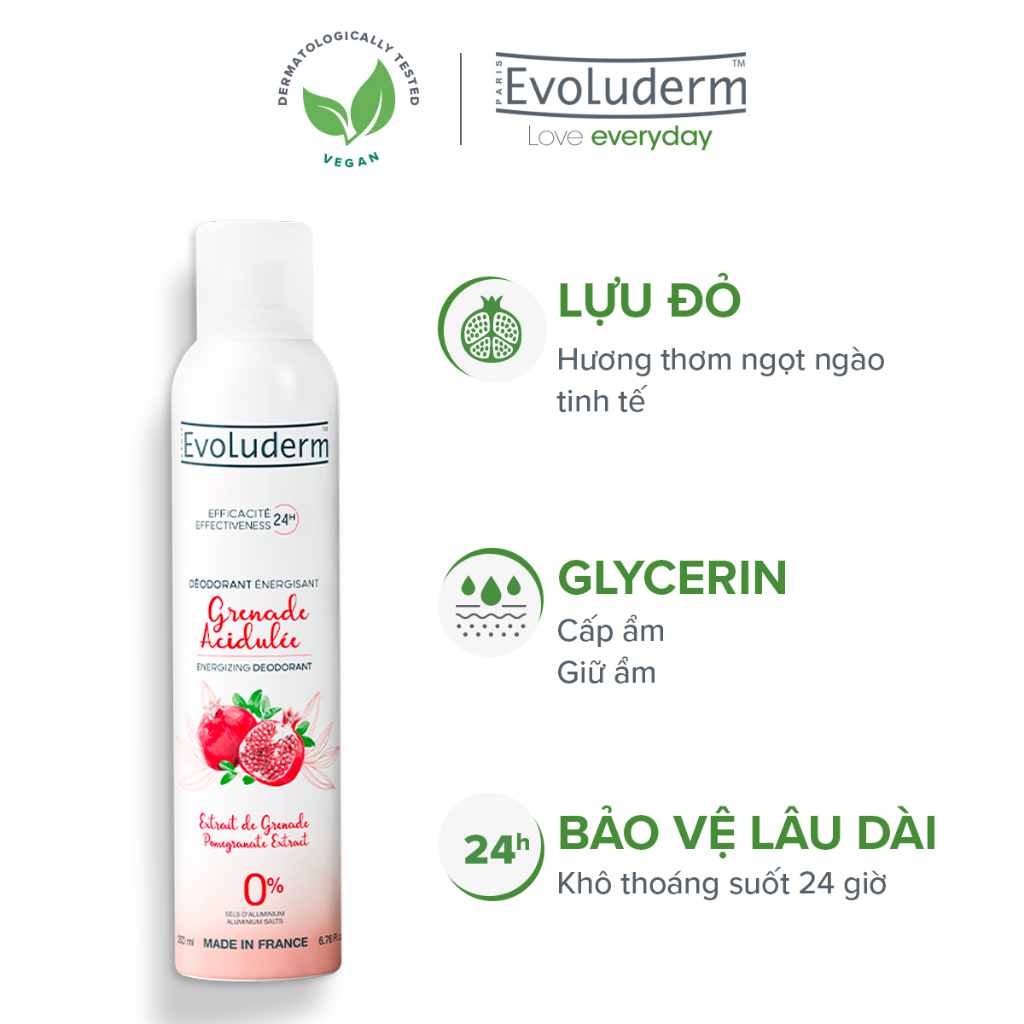 [HSD 8.2026] Xịt khử mùi toàn thân Evoluderm chiết xuất Lựu đỏ ngăn khuẩn gây mùi suốt 24h - 200ml (15256)