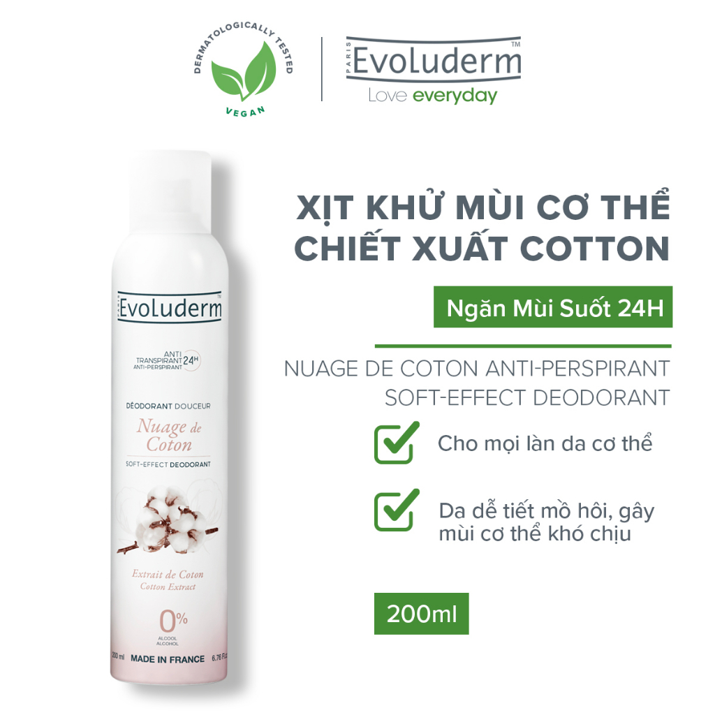 Xịt khử mùi toàn thân Evoluderm hương hoa Coton ngăn khuẩn gây mùi suốt 24h - 200ml (15257)