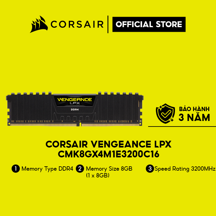 [Mã ELCL7 giảm 7% đơn 300K] Bộ nhớ RAM dành cho PC CORSAIR VENGEANCE LPX CMK8GX4M1E3200C16 1x8G DDR4 Buss 3200 MHz