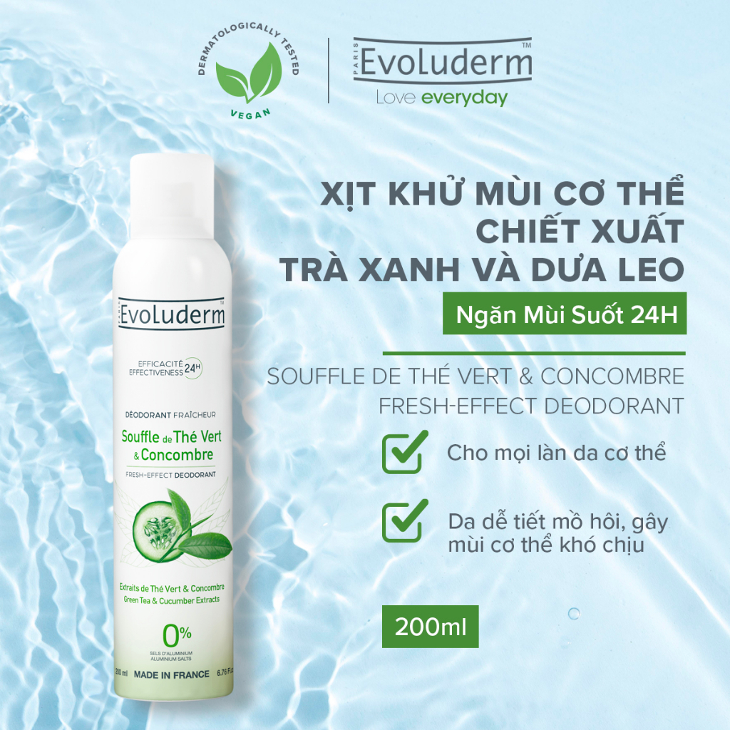 Xịt khử mùi toàn thân Evoluderm chiết xuất Trà Xanh và Dưa Leo ngăn khuẩn gây mùi suốt 24h - 200ml (20377)