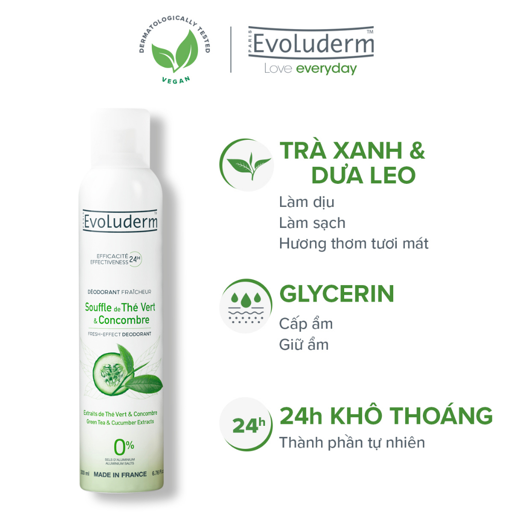 Xịt khử mùi toàn thân Evoluderm chiết xuất Trà Xanh và Dưa Leo ngăn khuẩn gây mùi suốt 24h - 200ml (20377)