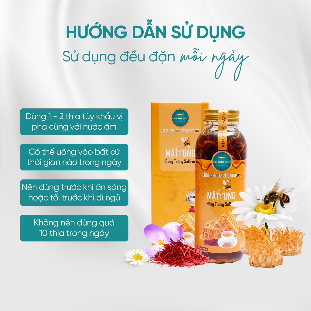 Ảnh Mật Ong Đông Trùng Hạ Thảo Saffron Kim Cương Vàng - Hỗ Trợ Giảm Cân, Cải Thiện Giấc Ngủ (330ml/Chai) 3