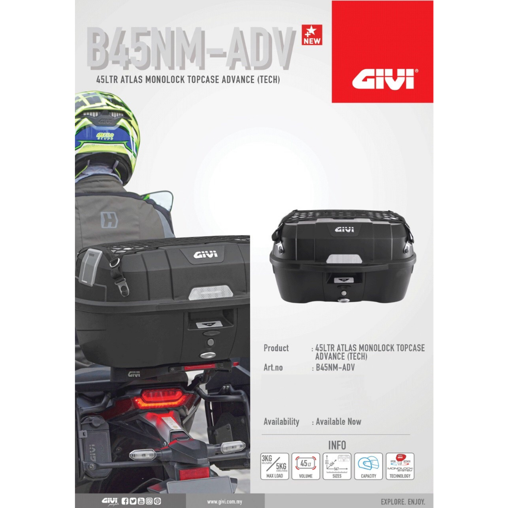 THÙNG SAU GIVI B45NM ADV - Đầy đủ phụ kiện : tựa lưng, lót, lưới ... Bảo hành 2 năm chính hãng