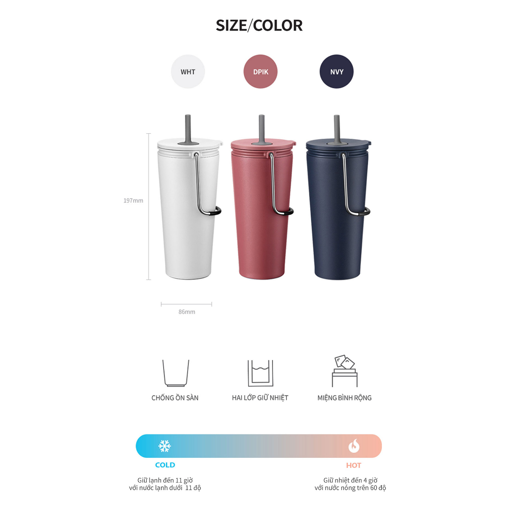 Ly giữ nhiệt LocknLock Bucket Tumbler 540ml Ống Hút LHC4268 Thép không gỉ 304, có quai xách - K-MALL