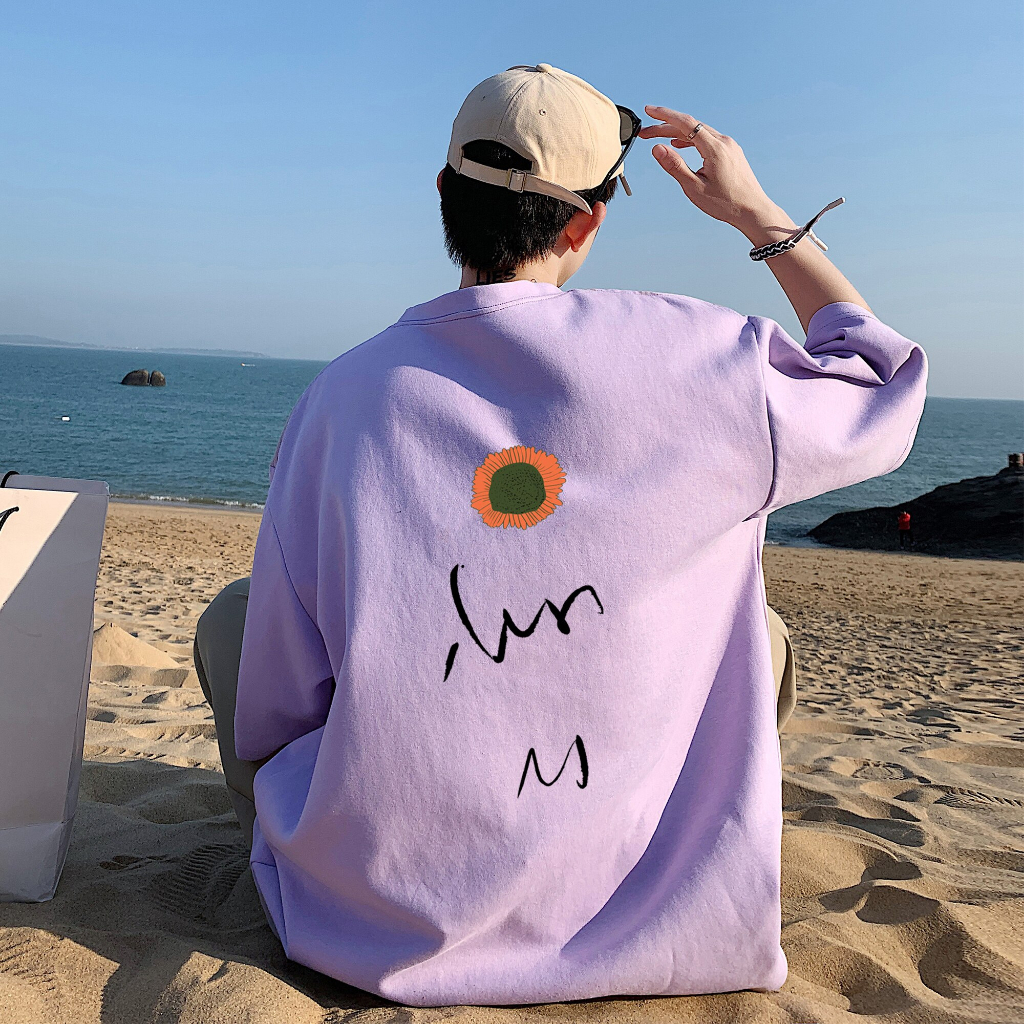 Áo thun nam tay lỡ HappyFamily form rộng trẻ trung in hình hoa hướng dương chất cotton 100 cao cấp