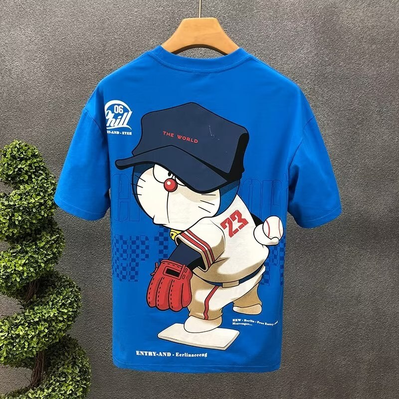 Áo thun nam tay lỡ HappyFamily form rộng trẻ trung in hình DORAEMON bóng chày chất cotton 100 cao cấp