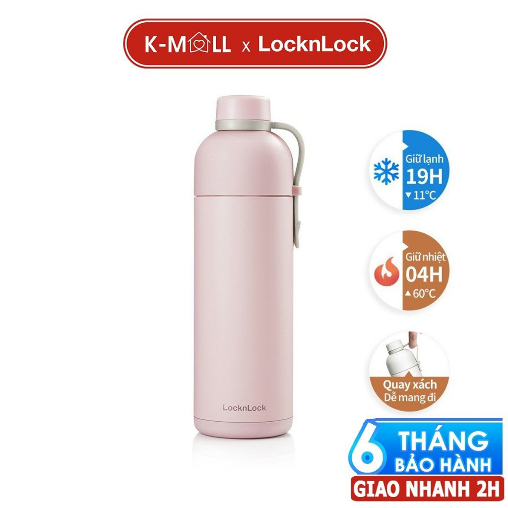 Bình giữ nhiệt LocknLock Belt Bottle LHC4267 490ml Màu Hồng có quai xách, thép không rỉ 304 - K-MALL