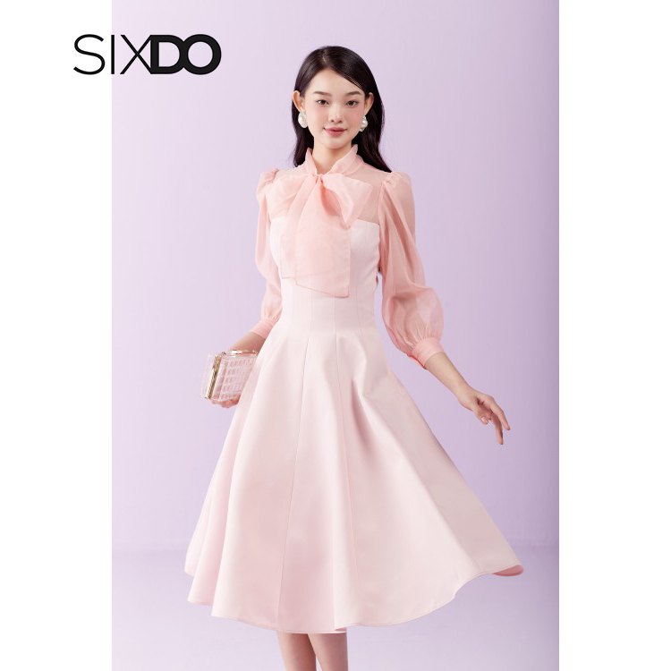 Đầm midi vải Taffeta dáng xòe hồng SIXDO Light Pink Bowtie Midi Taffeta Dress