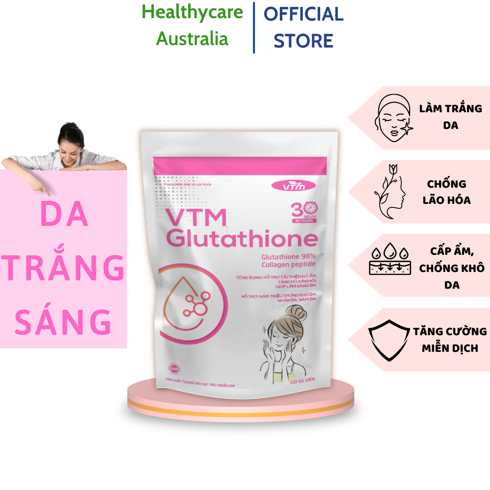 Viên uống VTM Glutahione hỗ trợ làm sáng da, hỗ trợ giảm triệu chứng khô da, nhăn da, nám da - gói 30 ngày