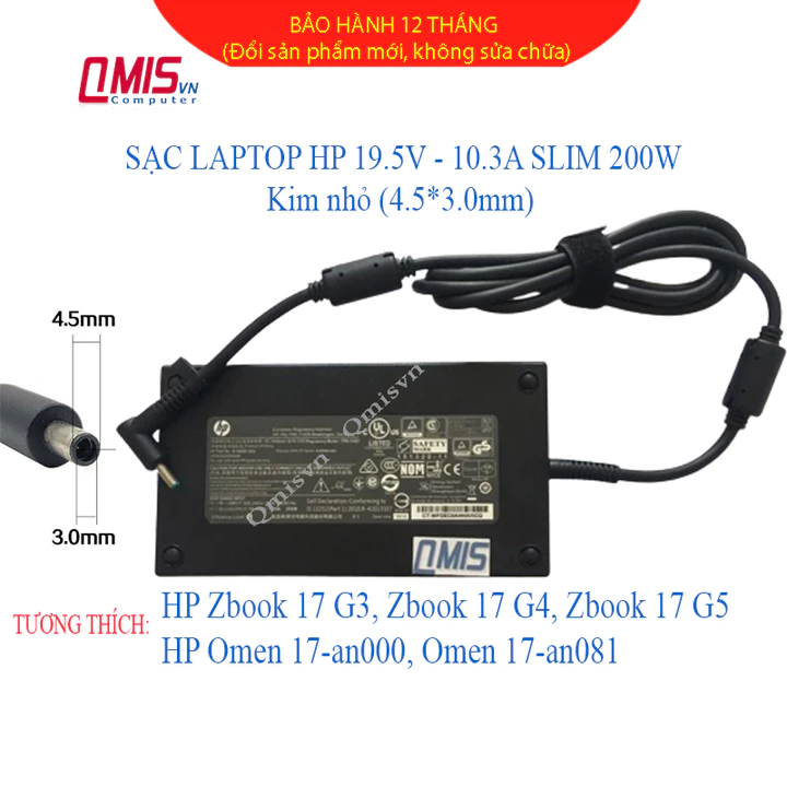 Sạc laptop HP 19.5V-10.3A 200W Slim (Kim nhỏ) – HP Zbook 17 G3 Zbook 17 G4 Zbook 17 G5 Omen 17-an000 Omen 17-an081