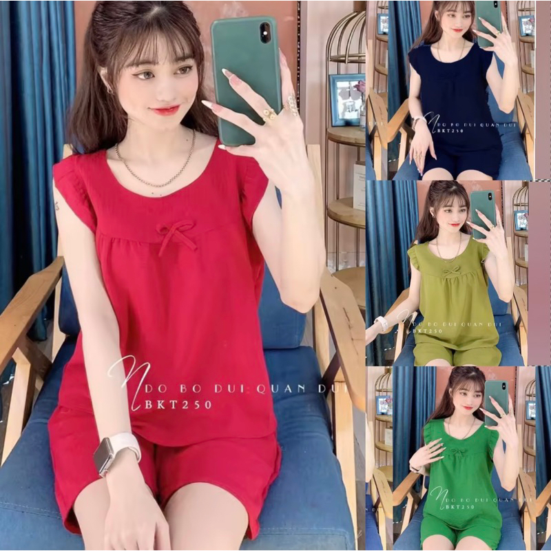 Đồ bộ mặc nhà tay con vải đũi dễ thương quần ko túi phom  40-72kg