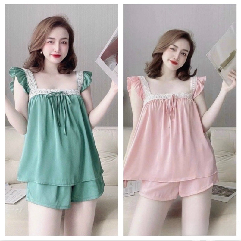 Bộ đồ đùi satin cánh tiên phối ren cao cấp, Đồ mặc nhà xinh
