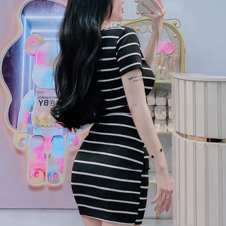 [D04 mã mới ] Đầm ôm body sọc kẻ tay ngắn cổ V có nút cài xinh xắn tôn dáng sexy