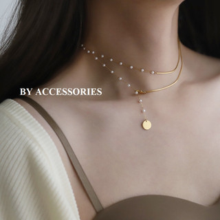 Dây chuyền nữ titan bất đối xứng dây mì và xích phối ngọc trai nhân tạo 2 trong 1 không gỉ có thể đeo nhiều kiểu WN2324