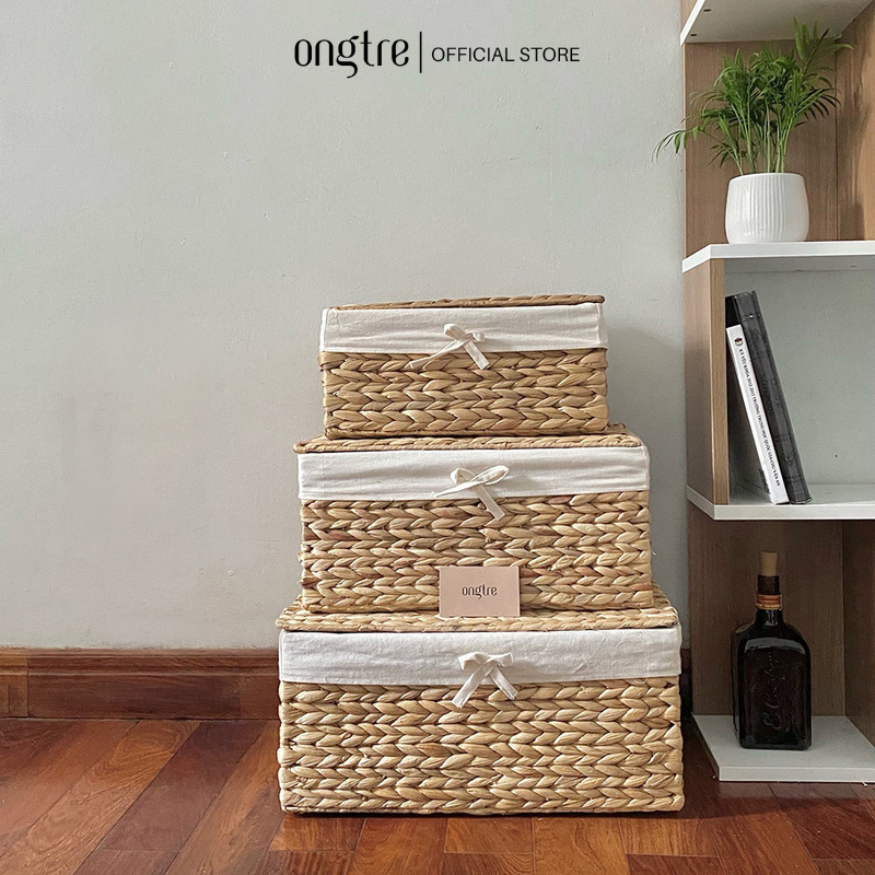 Ảnh Giỏ lục bình ONGTRE hình chữ nhật, hình tròn đựng đồ phòng khách, phòng ngủ, khay đựng đồ 1