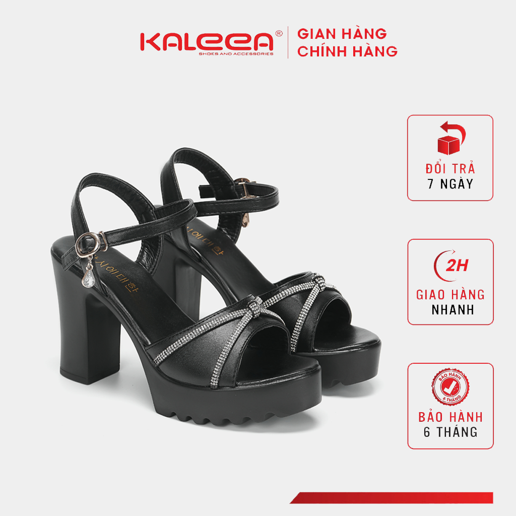 Sandal cao gót 9p KALEEA G01 siêu êm nhẹ dây da PU đính đá cao cấp sang chảnh đế sần chống trơn trượt hai màu đen trắng