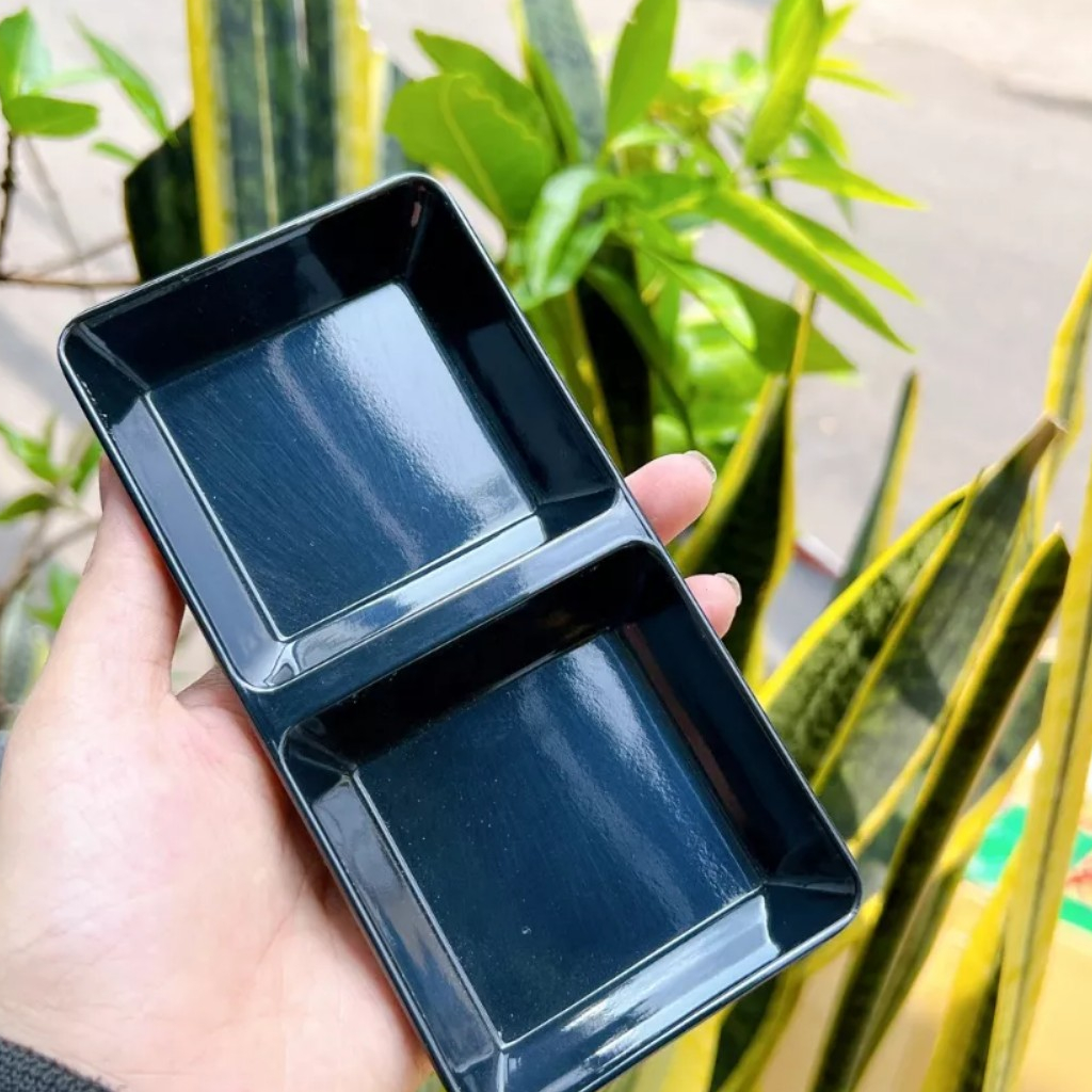 Dĩa - Chén Nước Chấm 2 Ngăn  – C103D FATACO - Nhựa Melamine Màu Đen Cao Cấp